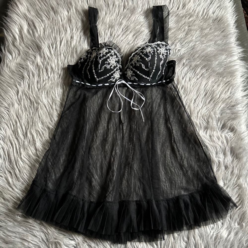 Enchanted Lightly Lined Lingerie Slip Womens Size Medium Black Sheer Pajamas